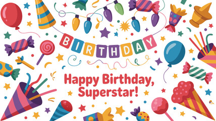 Festive Birthday Celebration with Balloons, Confetti, Candy, Party Hats, and Bunting Saying Birthday!