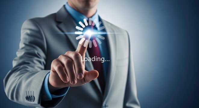 A businessman touching a loading icon on a screen with a gray suit and a red tie in the background