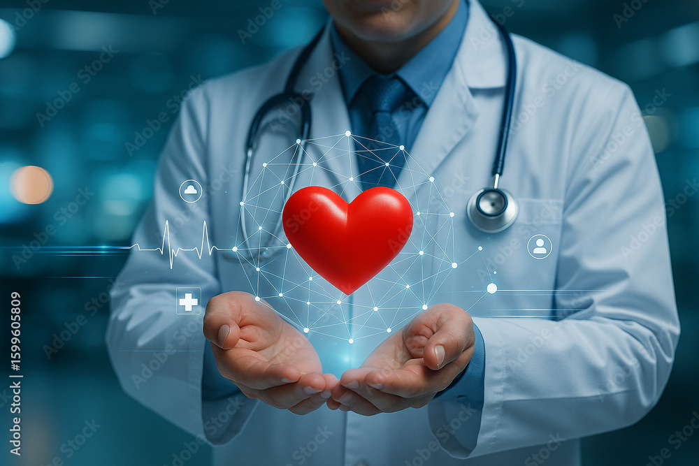 Poster ai generated futuristic image of a doctor holding a glowing red symbolic heart surrounded by health 