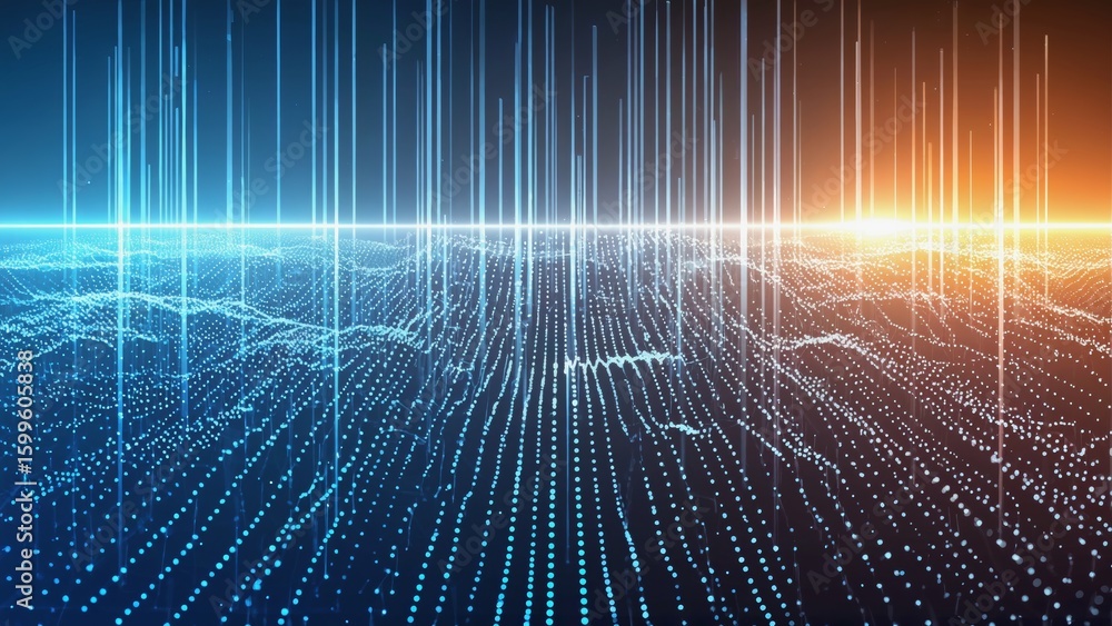 Poster digital grid lines extend into a distant glowing horizon, blue, orange vertical light beams shooting