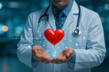 AI generated futuristic image of a doctor holding a glowing red symbolic heart surrounded by health data icons heartbeat lines digital network representing care science and smart medical technology