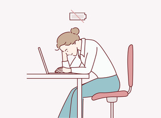 Cartoon character working tired in office. vector hand drawn line drawing
