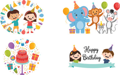 Happy Birthday Cartoon Collage Kids, Animals, Cake, Balloons, Gifts, and Celebratory Decorations Illustration