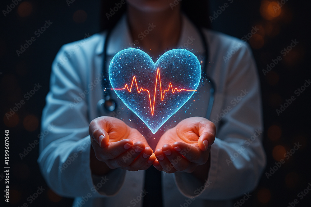Poster ai generated futuristic medical scene showing a glowing heart hovering above a doctorโ€s hands with