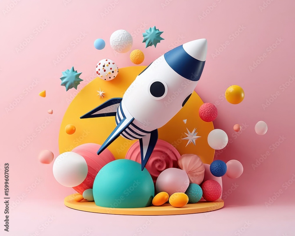 Poster a magical realist scene perfect for a website header features a whical rocket ship surrounded by col
