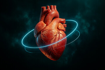 AI generated a hyper realistic anatomical heart surrounded by glowing energy rings representing sci fi medical analysis in a high tech atmosphere
