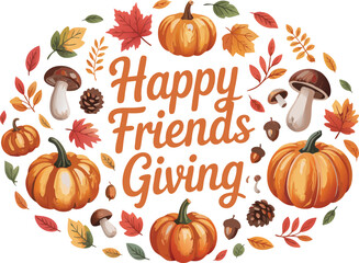 Happy Friends Giving Surrounded by Watercolor Pumpkins, Leaves, Mushrooms, Acorns, and Pinecones