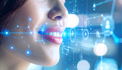 Digital Connection: A modern portrait, showcasing a woman with radiant skin, her lips forming a gentle smile, interwoven with a network of futuristic digital connections and data.