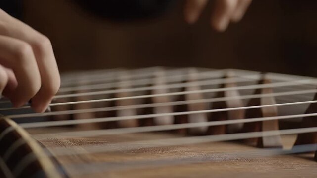 A serene musical performance on a traditional zither, celebrating the cultural heritage of the mid autumn festival.