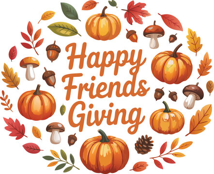 Happy Friends Giving Circle of Autumn Leaves, Pumpkins, Acorns, and Mushrooms Illustration on White