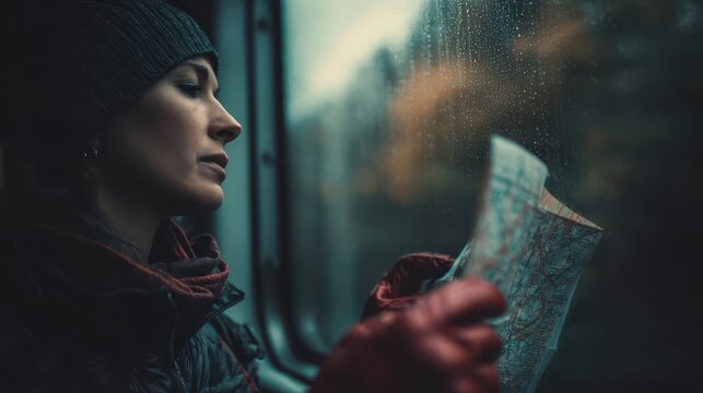Woman looking at a map through a rainy window. - Powered by Adobe