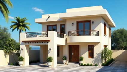 Fototapeta premium View of modern house in Indian style on blue sky background, Contemporary residence design. 3D rendering