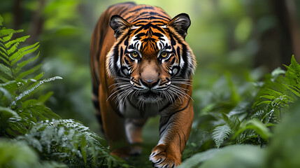 Fototapeta premium A tiger walking towards the camera in a lush green forest.