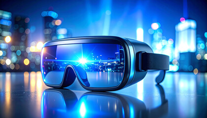 VR Headset and Futuristic City: A cutting-edge virtual reality headset reflects the neon lights of a futuristic cityscape, hinting at immersive digital experiences in the realms of tomorrow.