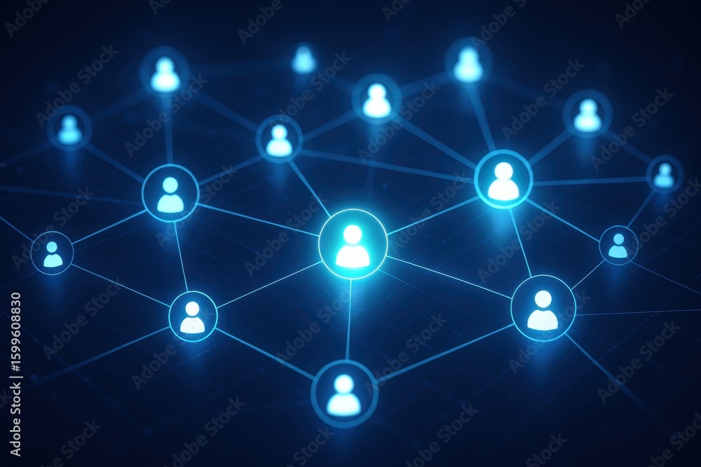 Poster network of connection: an interconnected network of illuminated nodes representing connections, idea