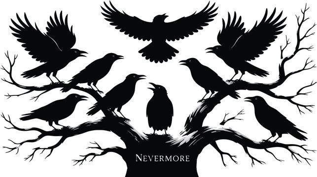 Silhouetted Ravens Perched on Bare Tree Branches with Nevermore Inscription, Illustration Art