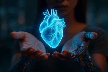 AI generated ultra realistic glowing holographic heart hovering above cybernetic human hands showing fusion of life and futuristic technology in soft abstract background