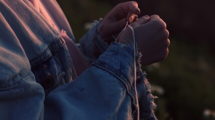 Close-up of hands tying a string on a denim jacket.