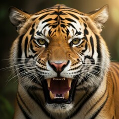 Fototapeta premium Fierce Tiger Roaring With Open Mouth Showing Teeth and Sharp Claws in Jungle Setting