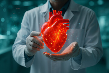 AI generated a sci-fi medical scene showing a glowing red heart with digital nodes in a doctorโ€s hands inside a high tech lab background