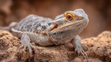 Close-up of a curious bearded dragon lizard with textured scales and alert eyes in desert-style backdrop real photo stock photography