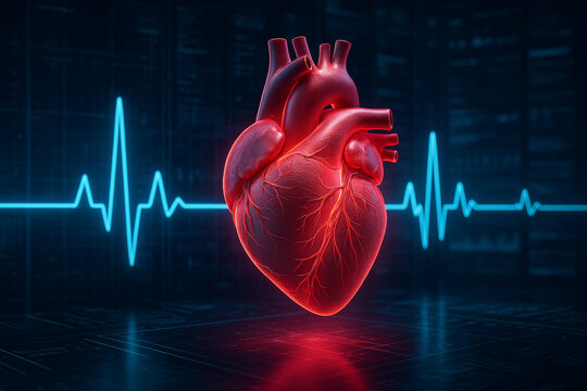 AI generated highly detailed human heart with digital health data background in sci-fi blue tones showing anatomy and innovation in medical diagnostics