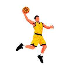 Athletic Man Playing Basketball Jumping with Ball in Yellow Uniform on White