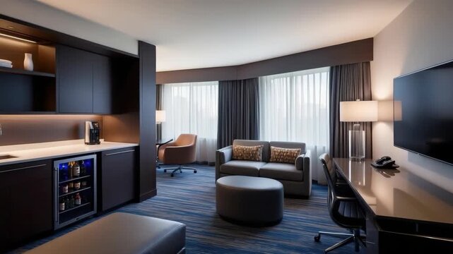 Interior of a modern hotel room featuring a sofa, desk, minibar, and television.
