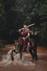 Warrior in Nature Riding Horse with Sword in Forest Setting