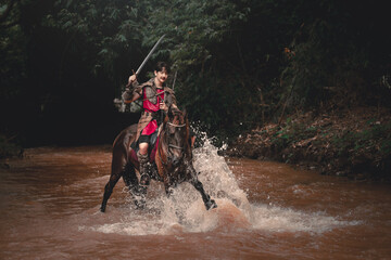 Action Scene of Rider on Horse Splashes Through Rustic Stream
