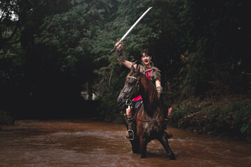 Warrior on Horseback with Sword in Dramatic Stream Setting