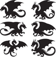 Black dragon silhouettes with wings and tails fantasy