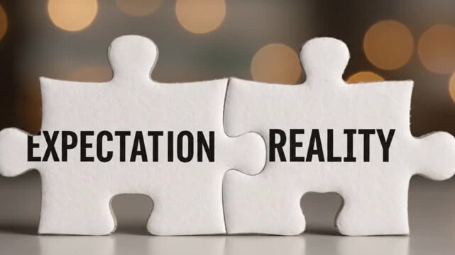 Two jigsaw pieces are interlocked labeled EXPECTATION and REALITY respectively Bokeh background