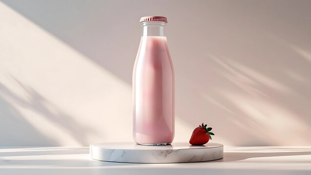 a photorealistic mockup of a beverage bottle in a soft pink pastel theme, placed on a podium with minimal shadows, clean background, elegant and feminine style, ideal for milky strawberry