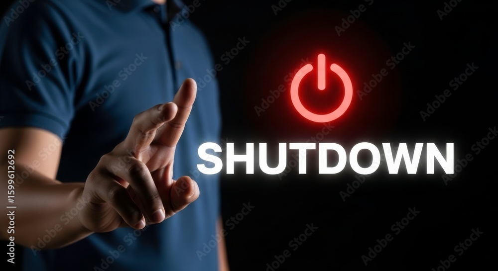 Poster a person's hand reaching towards a shutdown button with the word shutdown in white letters below it