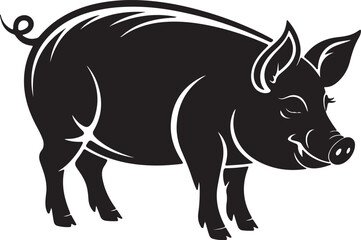 Fototapeta premium Black pig silhouette with curly tail and detailed face swine farm animal