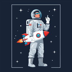 Pointing Astronaut Holding Rocket in Space Illustration