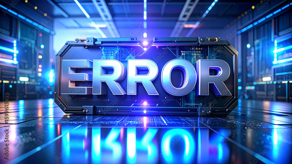 Poster futuristic error message displayed on a metallic panel within a server room.