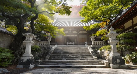 Obraz premium Stone Steps Leading to Asian Temple Entrance with Lush Greenery and Sunlight