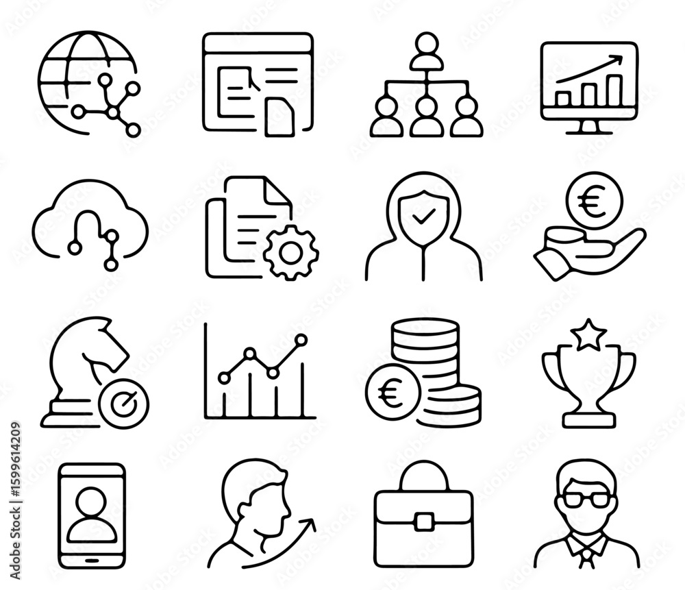 Poster a collection of vector icons representing business, technology and financial concepts in a clean and
