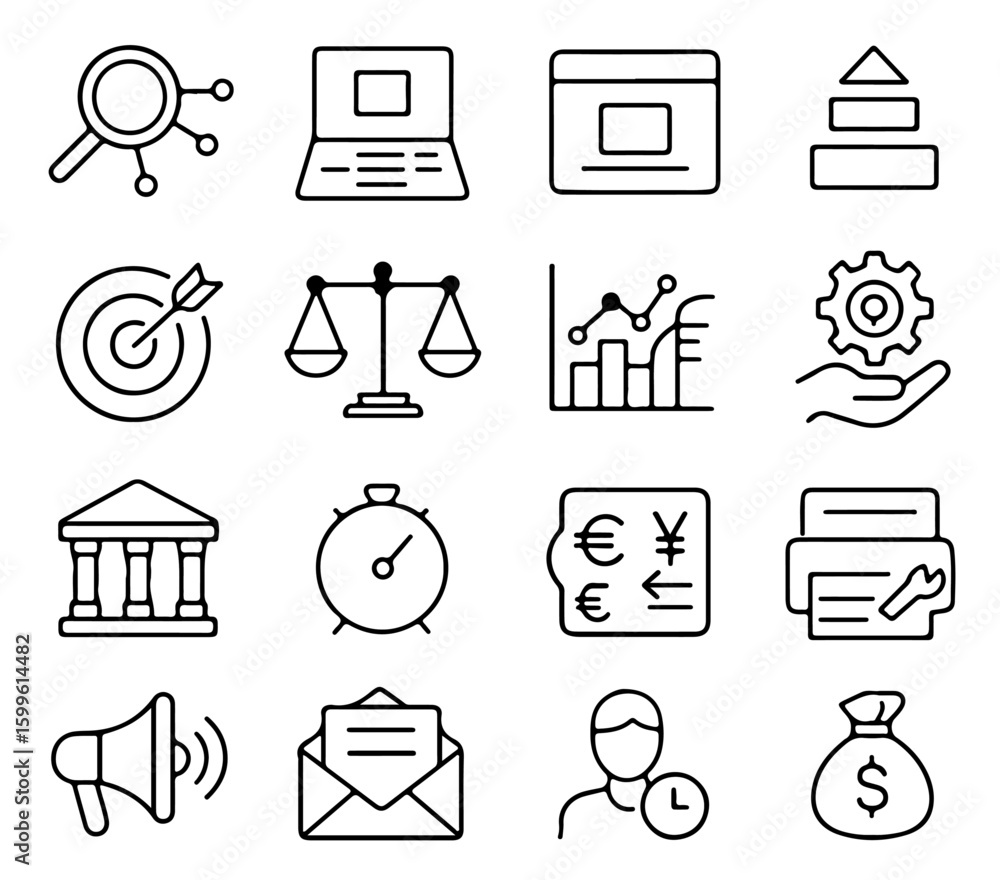 Poster a set of minimalist line-art icons representing a diverse range of business and technology concepts 