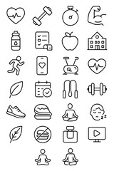 A collection of wellness and fitness icons, each meticulously rendered in minimalist black and white, represent vital aspects of a healthy lifestyle. 