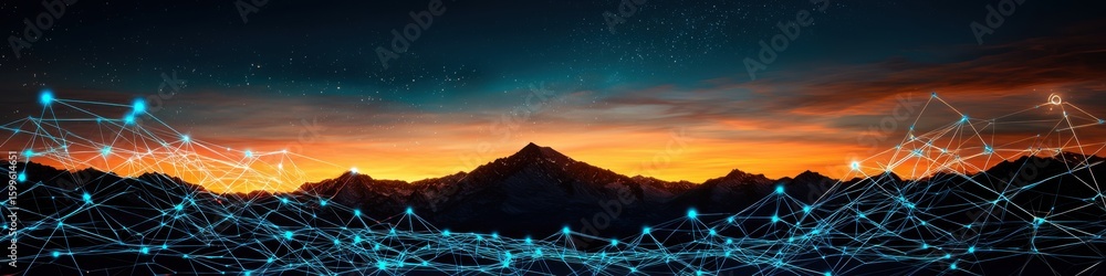 Poster a witchcore inspired website header showcasing interconnected nodes overlaid on a majestic mountain 