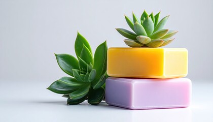 Stacked Soap Bars with Vibrant Colors and Lush Green Succulents on White Surface