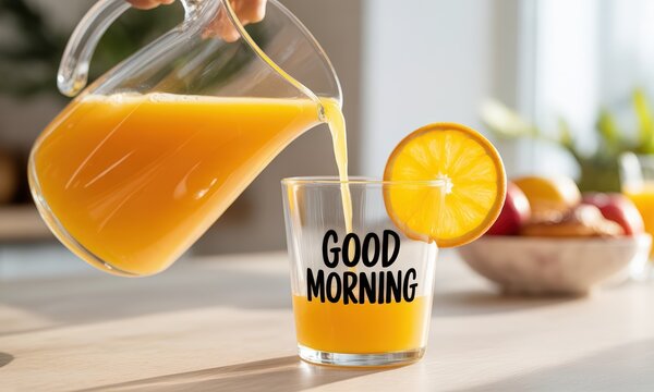 Fresh Orange Juice Pouring Into Glass with Good Morning Text on Bright Kitchen Counter