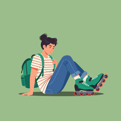 Young Woman with Roller Skates Wearing Backpack Sitting on Green Background