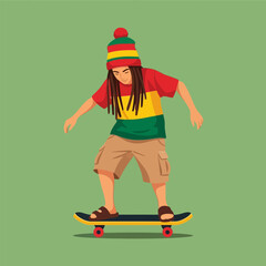 Young Adult Riding Skateboard with Dreadlocks and Colorful Hat