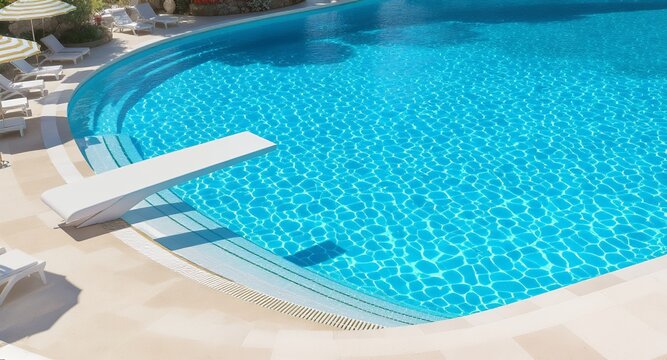 Swimming pool with diving board and lounge chairs