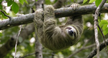 Fototapeta premium Threetoed Sloth Hanging on Tree Branch in Rainforest