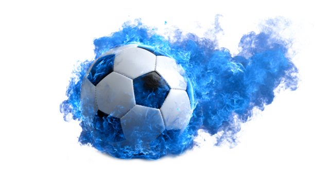 Soccer Ball Surrounded by Intense Blue Flames on a Transparent Checkered Backdrop